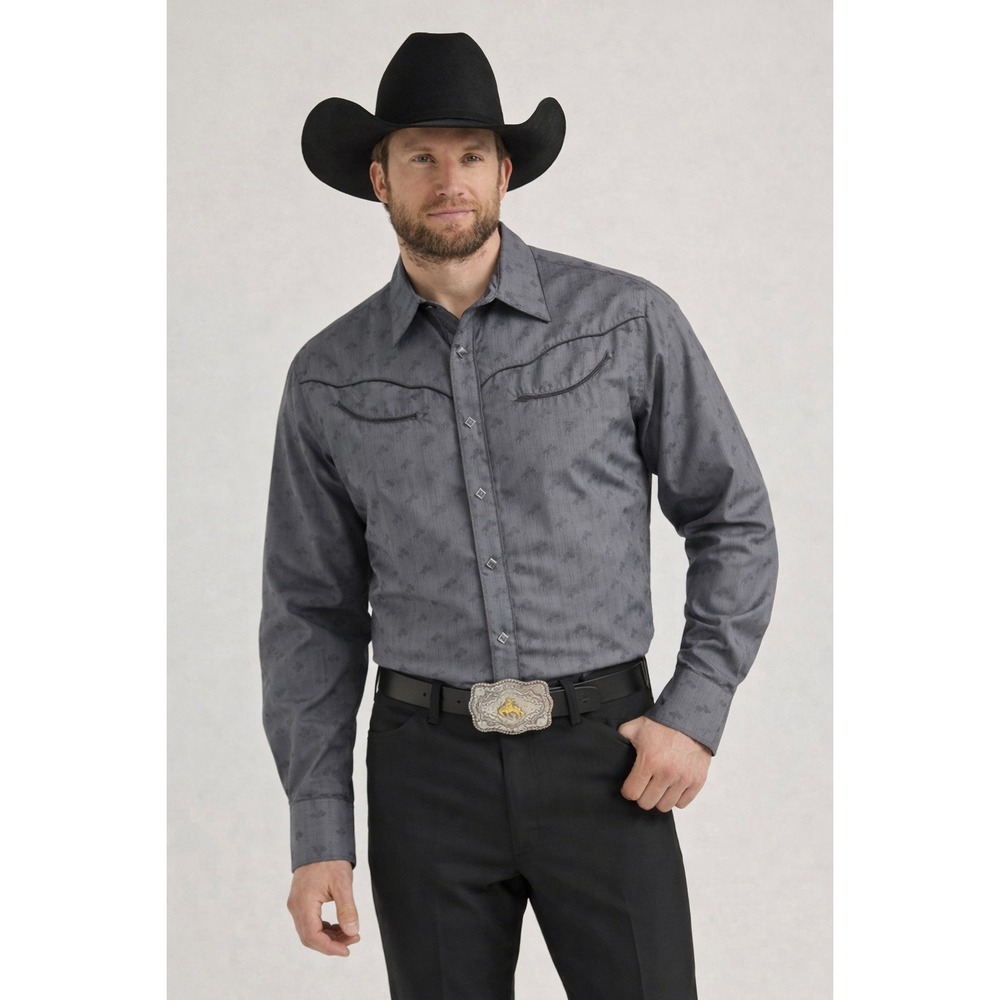 Wrangler Gray Jacquard Western Rodeo Shirt Men's XXL Horse‎ Print Snap Cowboy